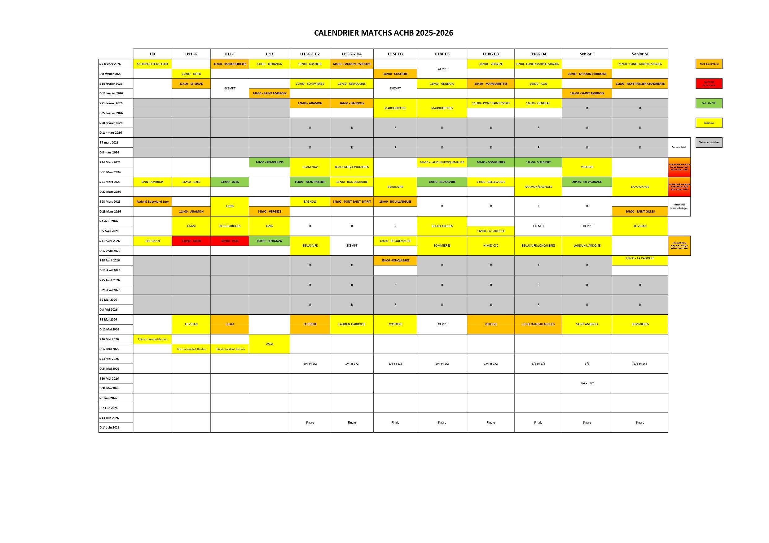 Calendrier des matchs ACHB 2025-2026