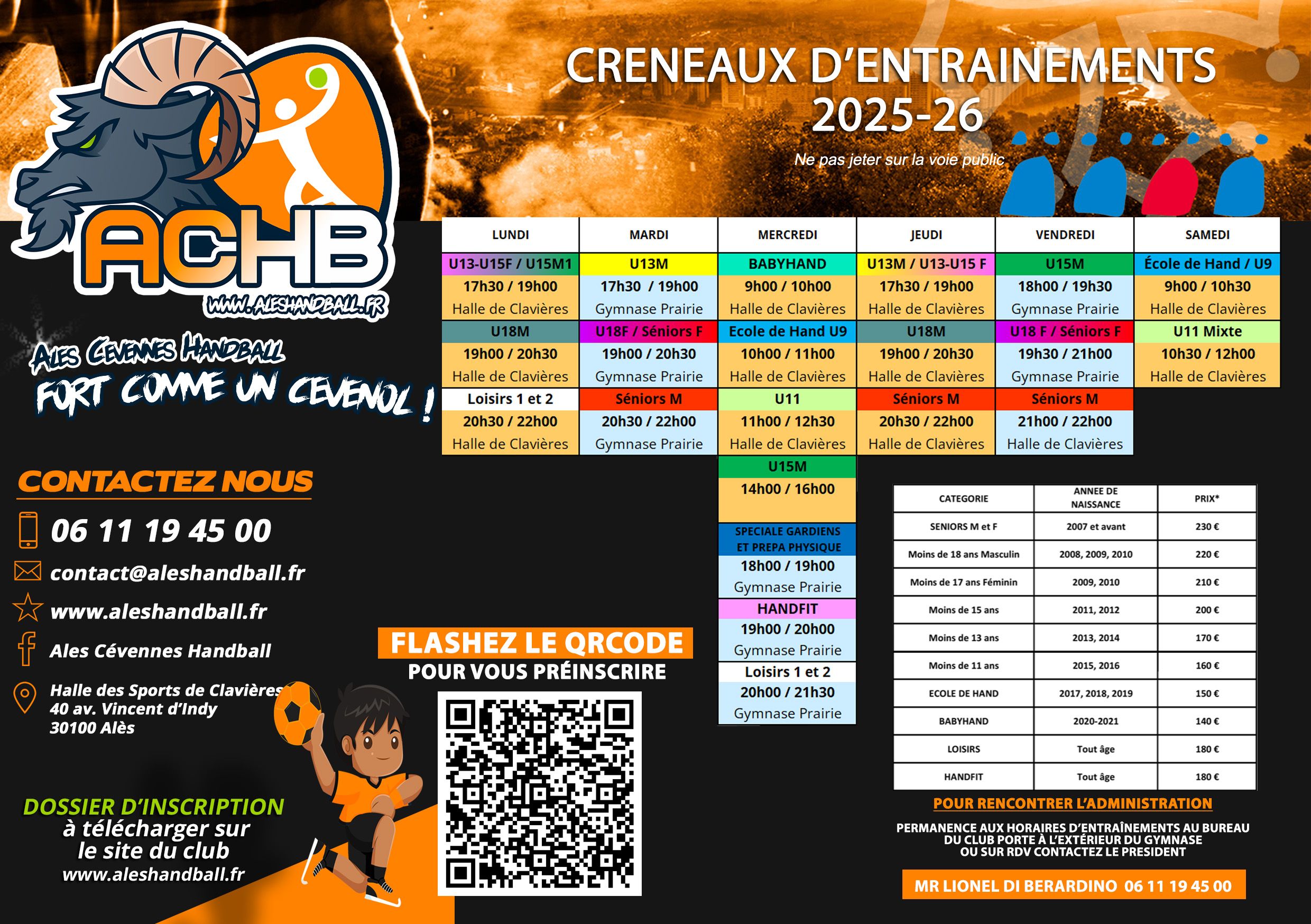 Créneaux d'entraînements ACHB 2025-2026